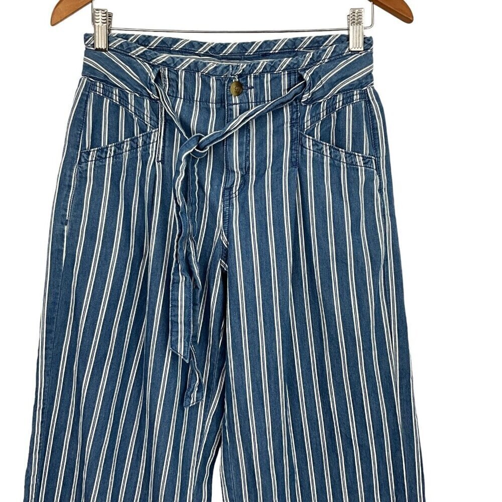American Eagle Outfitters Women's 4 Wide Leg Pants Blue Striped High Rise Tie - Picture 2 of 11